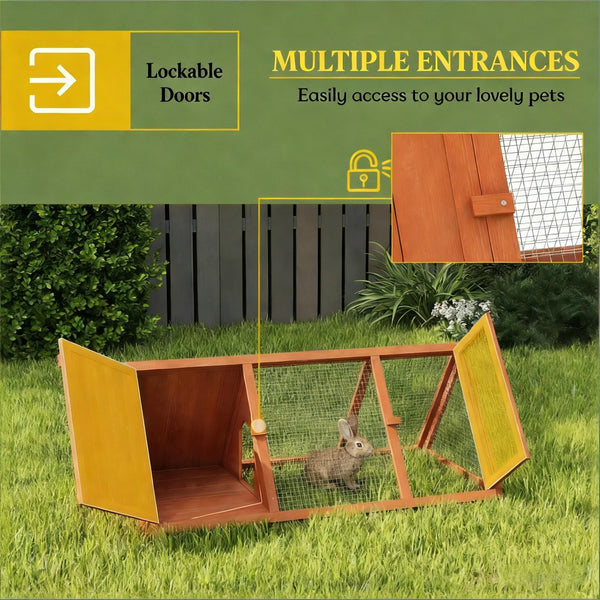 English Elm Stable Triangular Rabbit Hutch Fir Wood Frame with Wire Mesh Run for Small Animals T3971P481615