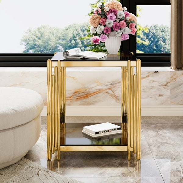 English Elm Modern Round Mirrored Glass End Table with Gold Metal Frame and Lower Display Shelf Black N735P380093B