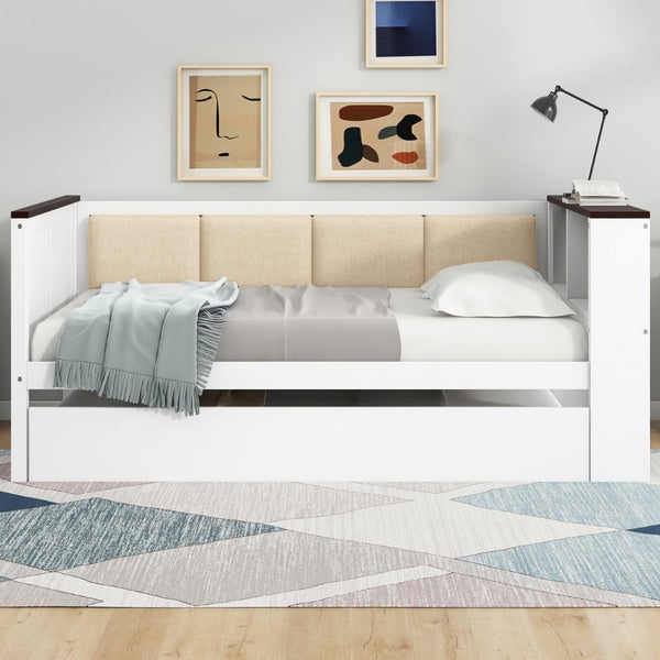 English Elm Twin Pine Wood Daybed with Trundle Upholstered Backrest Storage Shelf and Usb Port N7090002232K
