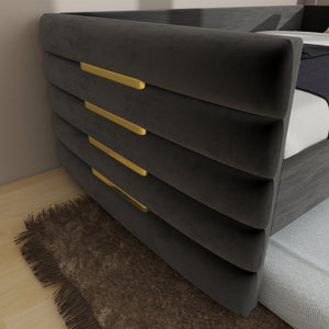 English Elm MODERN Twin Daybed with Trundle in Black Velvet Upholstery, Gold Accents, Space-Saving Guest Bed W1867S00012