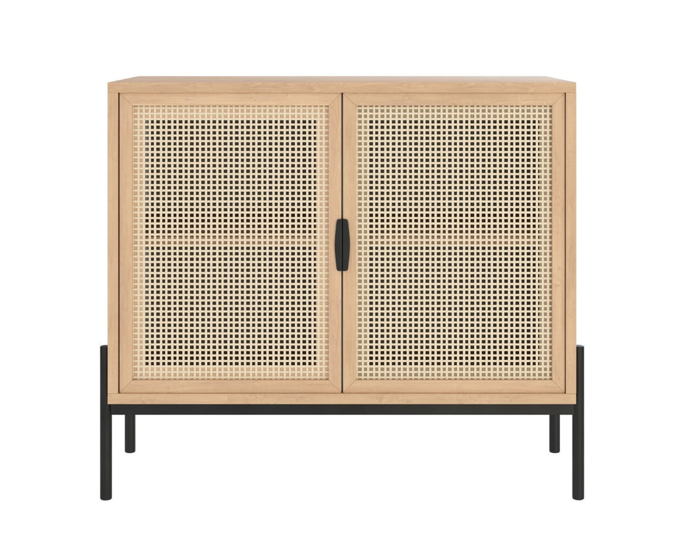 Sunpan AVIDA Handcrafted Compact Sideboard - Black Rustic Oak & Natural Rattan for Modern Storage Solutions 110947