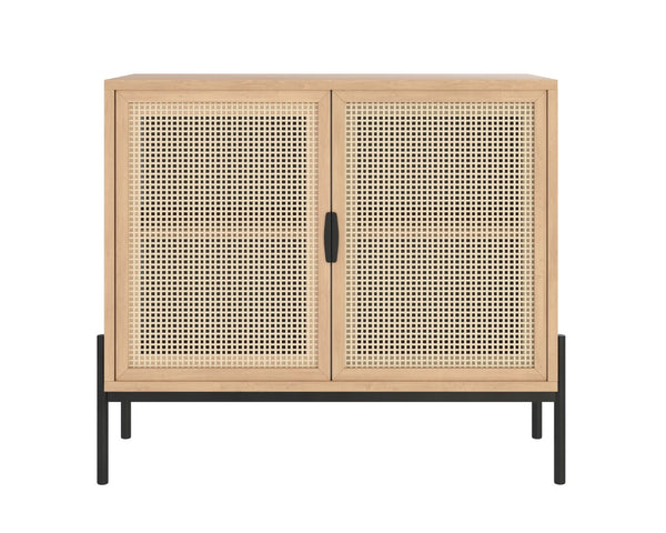 Sunpan AVIDA Handcrafted Compact Sideboard - Black Rustic Oak & Natural Rattan for Modern Storage Solutions 110947
