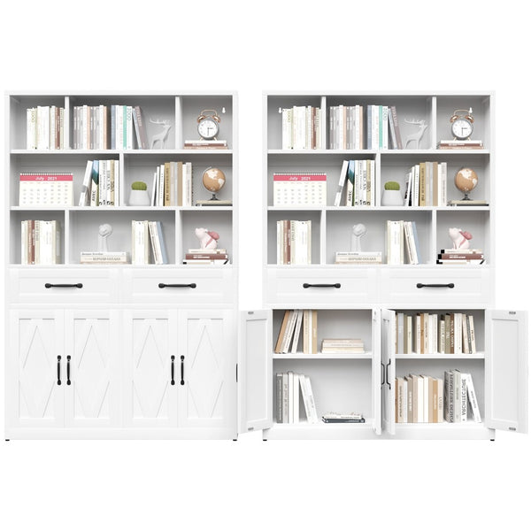 English Elm 71" Tall Metal Bookcase with Open Shelves Drawers and Cabinet Doors for Modern Office T2398S00002