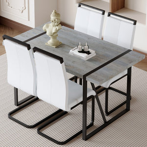 English Elm Table And Chair Set - Modern Grey Marble Mdf Dining Table With Metal Frame & 4 White Pu Chairs W1151S02685-GIGA