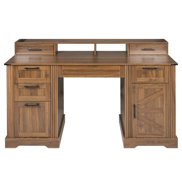 English Elm 59" Fluted Oak L-shaped Corner Desk with Charging Station Monitor Stand and File Storage Dark Walnut W2917S00007