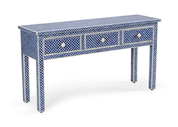 Chelsea House New New London Console Blue — Hand-Laid Bone Fish-Scale Console With 3 Drawers, Coastal Modern Accent 383001