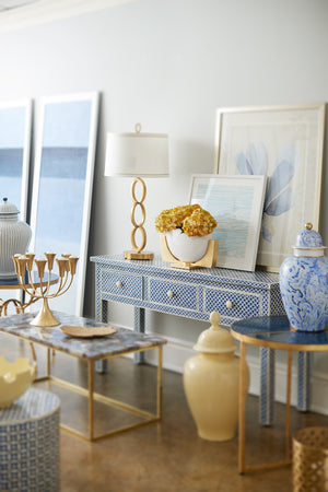 Chelsea House New New London Console Blue — Hand-Laid Bone Fish-Scale Console With 3 Drawers, Coastal Modern Accent 383001