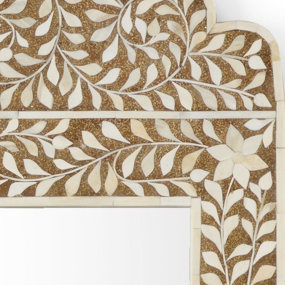 Chelsea House Crown Handcrafted Bone Inlay Mirror 48"X28" — Regal Floral Vine Design, Brown Glitter Accent Wall Art 383012