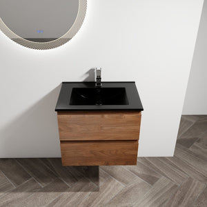 English Elm 24" Wall-Mounted Bathroom Vanity With Black Ceramic Sink & 2 Soft-Close Drawers For Stylish Storage W999S00193
