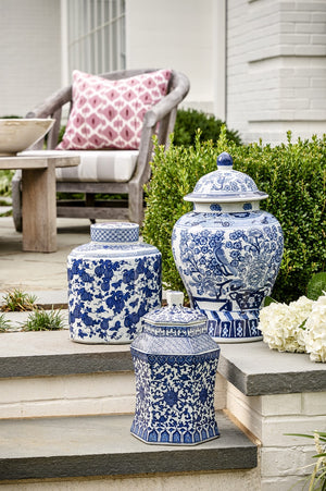 Chelsea House Tower Hexagonal Porcelain Vase — 13" Blue-And-White Hand-Painted Chinese Floral Accent For Mantel, Tabletop Decor 383049