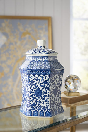 Chelsea House Tower Hexagonal Porcelain Vase — 13" Blue-And-White Hand-Painted Chinese Floral Accent For Mantel, Tabletop Decor 383049