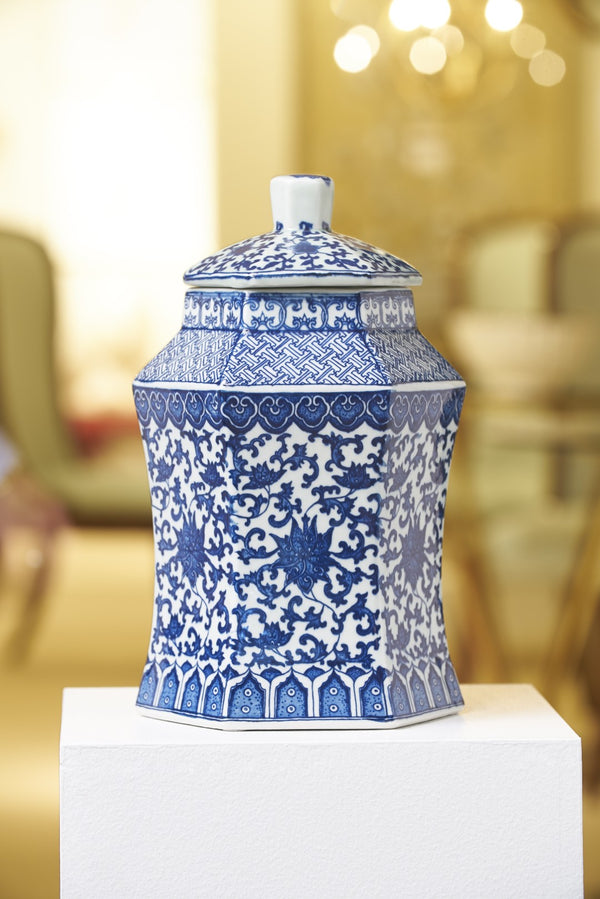 Chelsea House Tower Hexagonal Porcelain Vase — 13" Blue-And-White Hand-Painted Chinese Floral Accent For Mantel, Tabletop Decor 383049