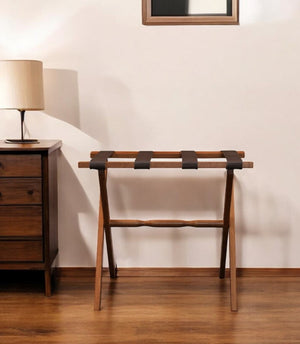 Homeroots Hotel Light Walnut Folding Luggage Rack With 4 Straps   383074