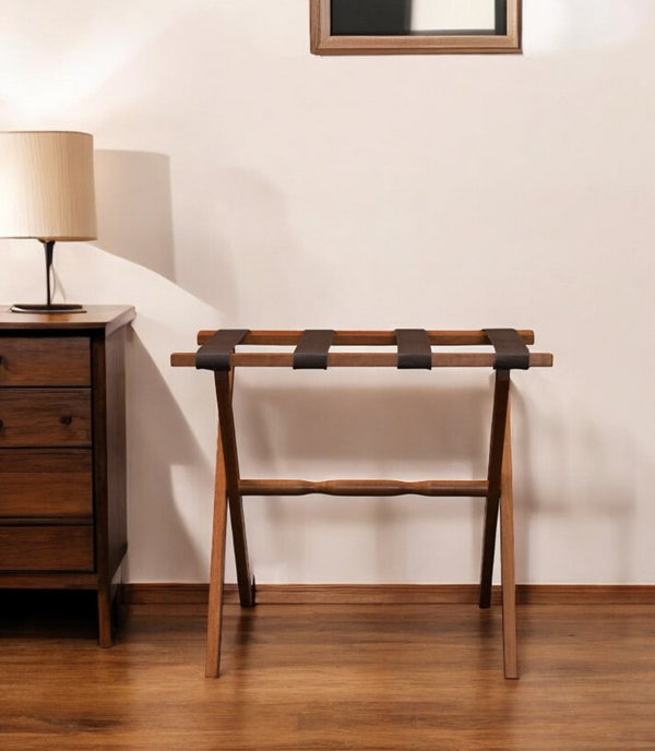 Homeroots Hotel Light Walnut Folding Luggage Rack With 4 Straps   383074