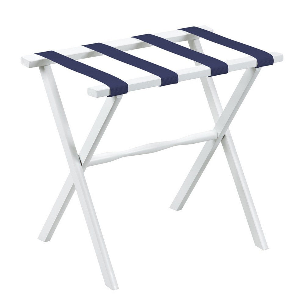 Homeroots Hotel White Finish Wood Folding Luggage Rack With Navy Straps  Solid Wood And Manufactured Wood 383076