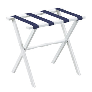 Homeroots Hotel White Finish Wood Folding Luggage Rack With Navy Straps  Solid Wood And Manufactured Wood 383076