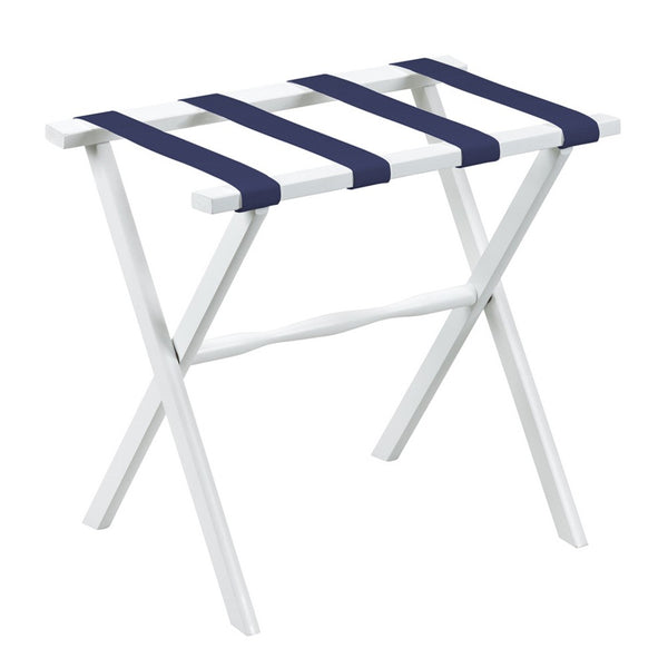Homeroots Hotel White Finish Wood Folding Luggage Rack With Navy Straps  Solid Wood And Manufactured Wood 383076