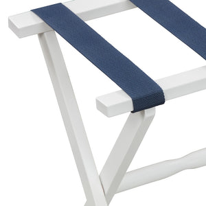 Homeroots Hotel White Finish Wood Folding Luggage Rack With Navy Straps  Solid Wood And Manufactured Wood 383076