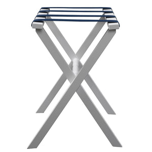 Homeroots Hotel White Finish Wood Folding Luggage Rack With Navy Straps  Solid Wood And Manufactured Wood 383076