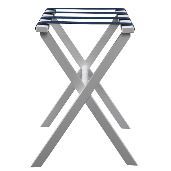 Homeroots Hotel White Finish Wood Folding Luggage Rack With Navy Straps  Solid Wood And Manufactured Wood 383076
