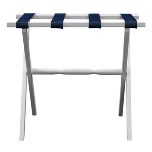 Homeroots Hotel White Finish Wood Folding Luggage Rack With Navy Straps  Solid Wood And Manufactured Wood 383076
