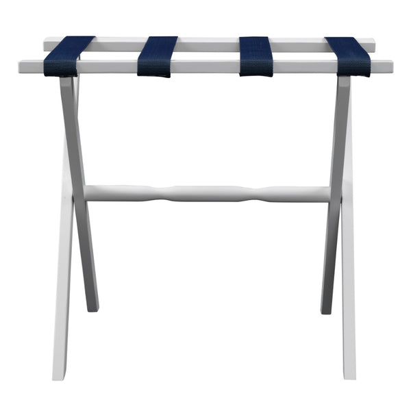 Homeroots Hotel White Finish Wood Folding Luggage Rack With Navy Straps  Solid Wood And Manufactured Wood 383076