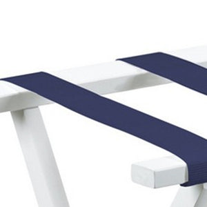 Homeroots Hotel White Finish Wood Folding Luggage Rack With Navy Straps  Solid Wood And Manufactured Wood 383076