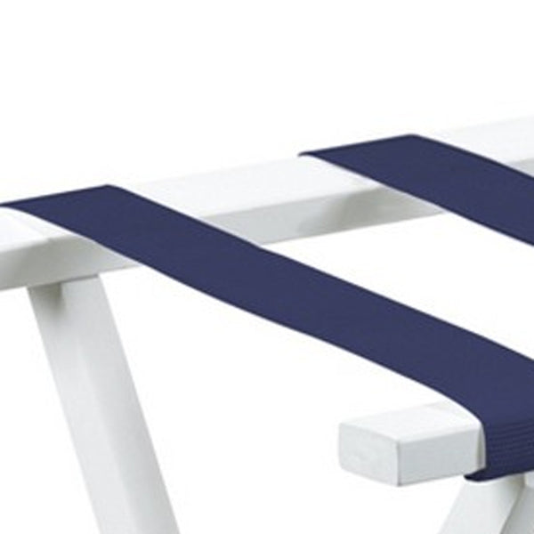 Homeroots Hotel White Finish Wood Folding Luggage Rack With Navy Straps  Solid Wood And Manufactured Wood 383076