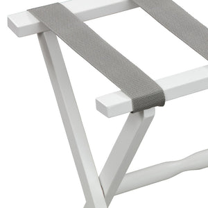 Homeroots Hotel White Finish Wood Folding Luggage Rack With Gray Straps  Solid Wood And Manufactured Wood 383077