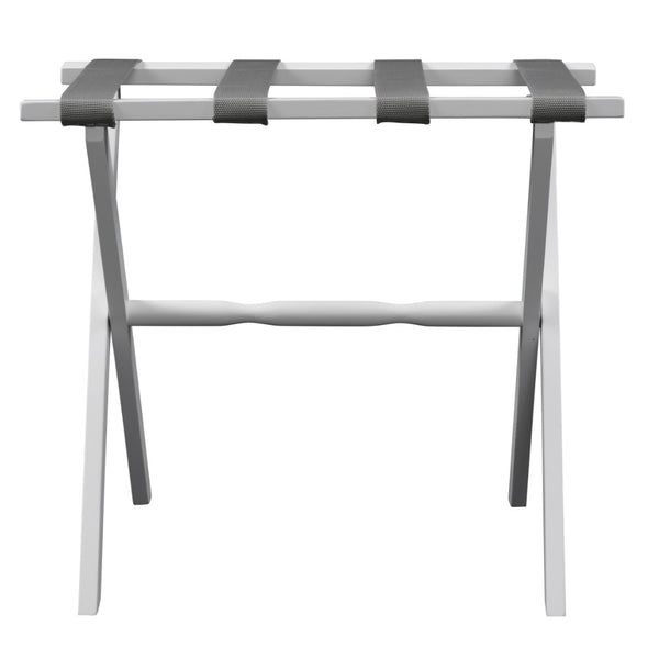 Homeroots Hotel White Finish Wood Folding Luggage Rack With Gray Straps  Solid Wood And Manufactured Wood 383077