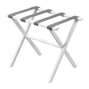 Homeroots Hotel White Finish Wood Folding Luggage Rack With Gray Straps  Solid Wood And Manufactured Wood 383077