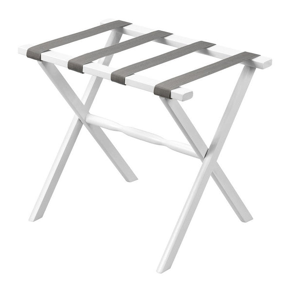 Homeroots Hotel White Finish Wood Folding Luggage Rack With Gray Straps  Solid Wood And Manufactured Wood 383077