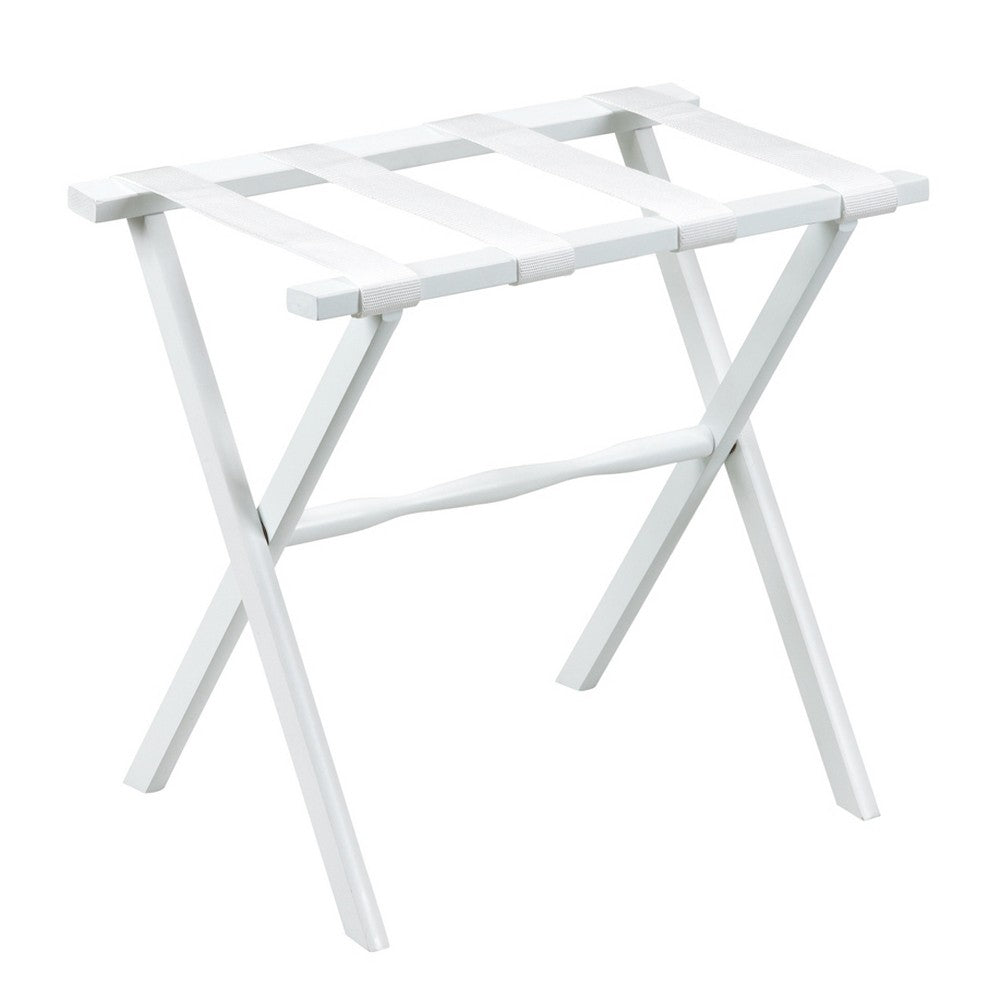 Homeroots Hotel White Finish Wood Folding Luggage Rack With White Straps  Solid Wood And Manufactured Wood 383078