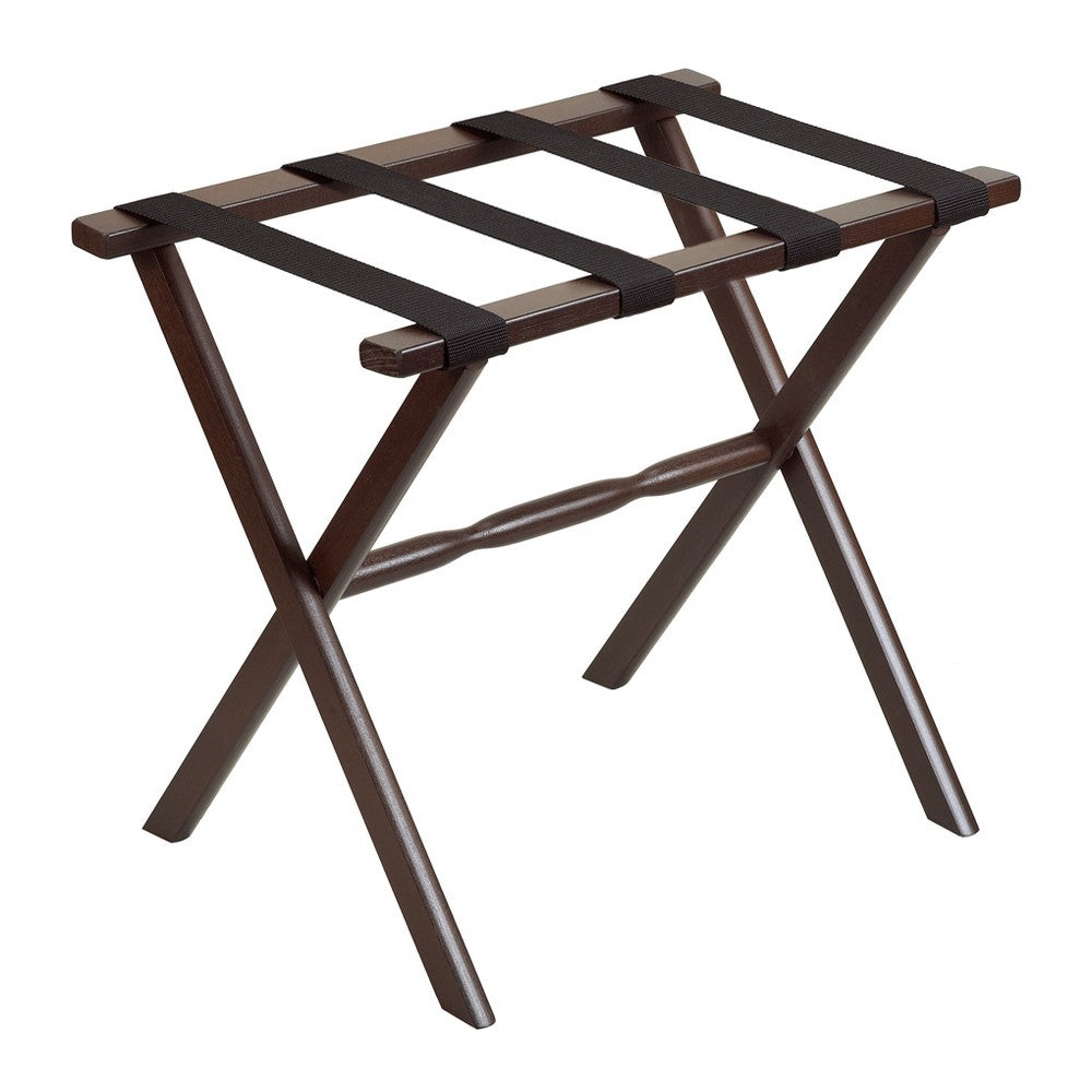 Homeroots Hotel Dark Walnut Finish Wood Folding Luggage Rack With Black Straps  Solid Wood And Manufactured Wood 383081