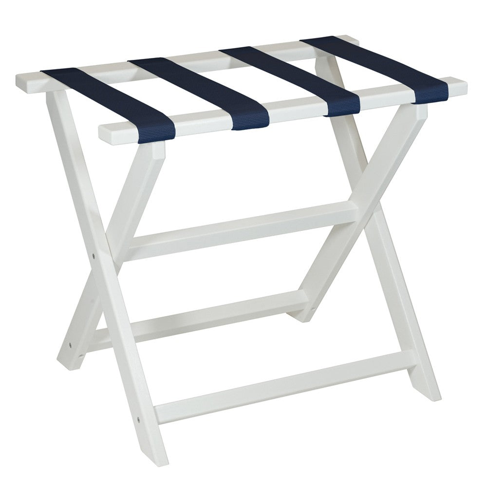 Homeroots Earth Friendly White Folding Luggage Rack With Navy Straps  Plastic 383088