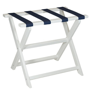 Homeroots Earth Friendly White Folding Luggage Rack With Navy Straps  Plastic 383088