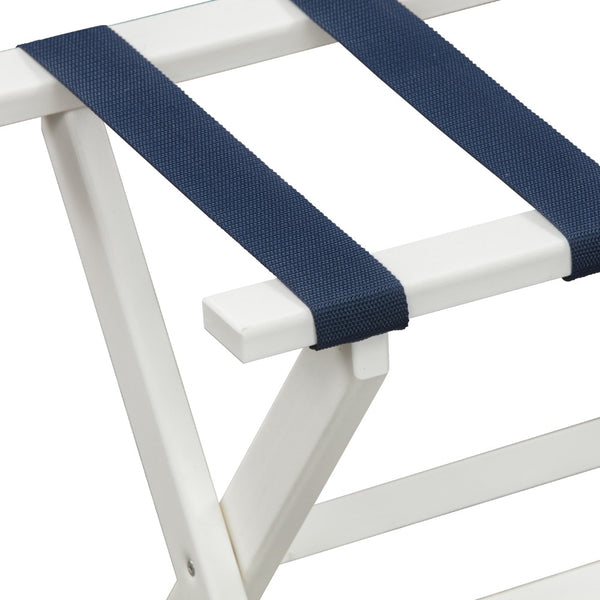 Homeroots Earth Friendly White Folding Luggage Rack With Navy Straps  Plastic 383088