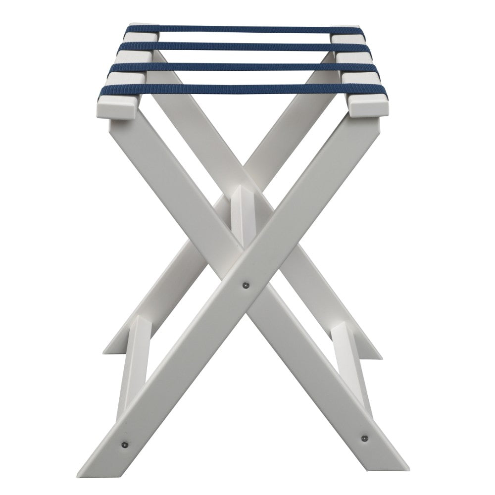 Homeroots Earth Friendly White Folding Luggage Rack With Navy Straps  Plastic 383088