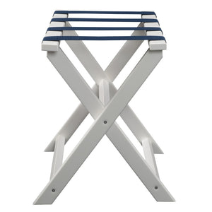 Homeroots Earth Friendly White Folding Luggage Rack With Navy Straps  Plastic 383088