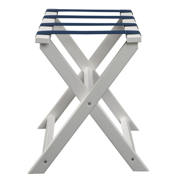 Homeroots Earth Friendly White Folding Luggage Rack With Navy Straps  Plastic 383088