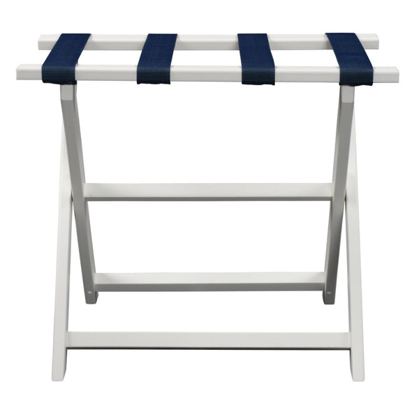 Homeroots Earth Friendly White Folding Luggage Rack With Navy Straps  Plastic 383088