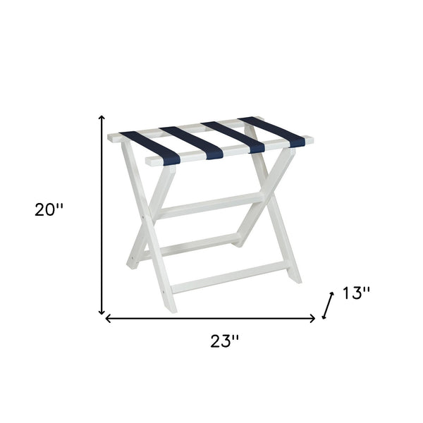 Homeroots Earth Friendly White Folding Luggage Rack With Navy Straps  Plastic 383088