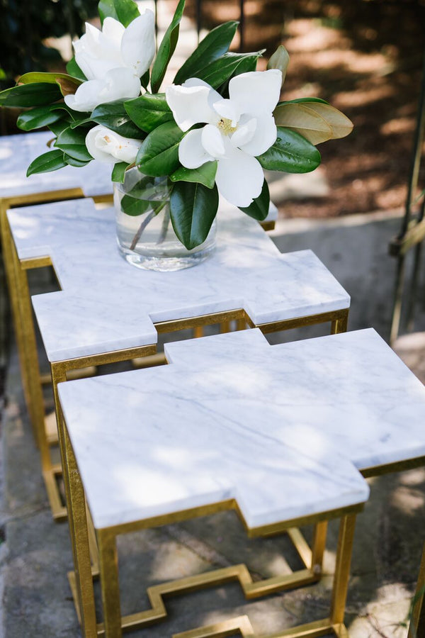 Chelsea House Trio Interlocking Accent Tables By Jamie Merida — Gold Leaf Iron Bases With White Marble Tops, Versatile Decor 383103