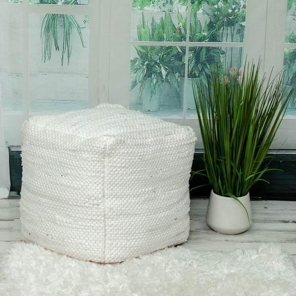 Homeroots Chic Chunky White Textured Pouf  Cotton 383105