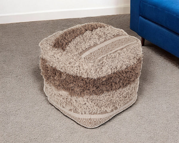 Homeroots Boho Shaggy Khaki Textured Pouf  Cotton 383106