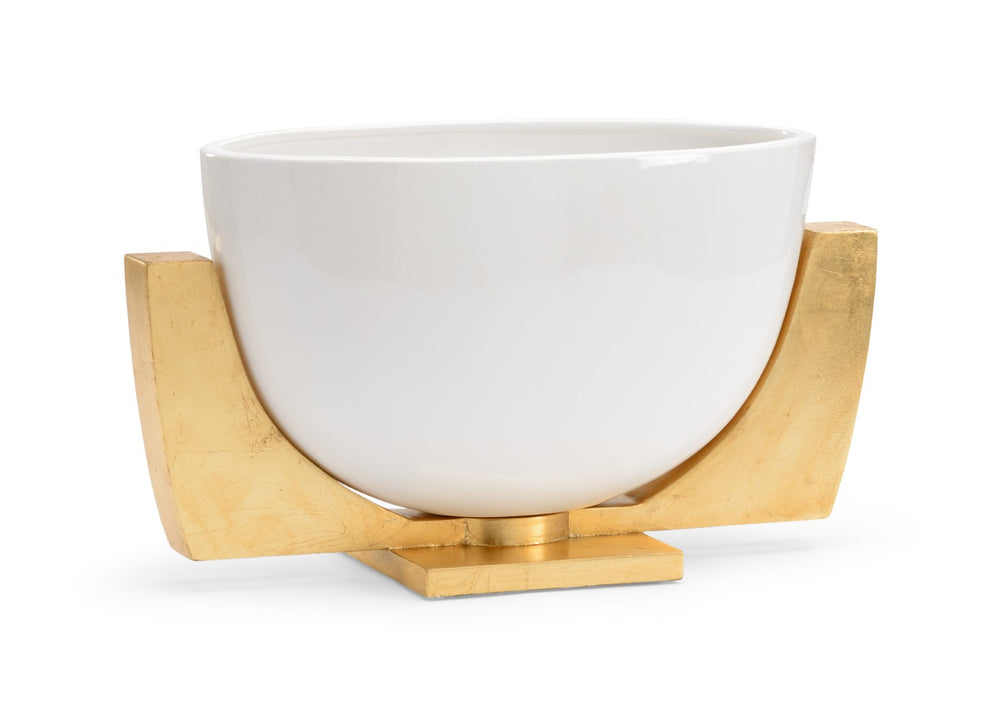 Chelsea House Lander Gloss White Porcelain Bowl With Antique Gold Leaf Iron Stand — Sculptural Centerpiece Accent 383157