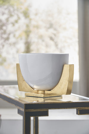 Chelsea House Lander Gloss White Porcelain Bowl With Antique Gold Leaf Iron Stand — Sculptural Centerpiece Accent 383157