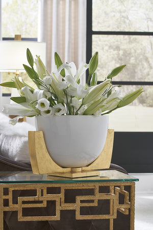 Chelsea House Lander Gloss White Porcelain Bowl With Antique Gold Leaf Iron Stand — Sculptural Centerpiece Accent 383157