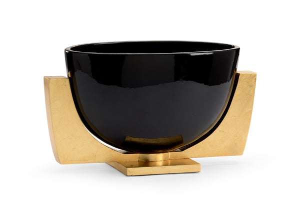 Chelsea House Lander Gloss Black Porcelain Bowl With Antique Gold Leaf Iron Stand — Sculptural Accent For Tablescape 383158