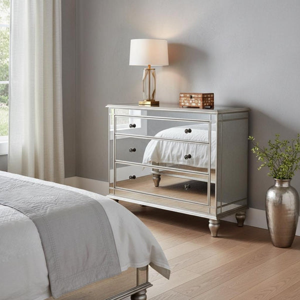 HomeRoots Rectangle Mirrored Three Drawer Console Chest - Elegant Storage Solution for Entryways & Bedrooms 383193